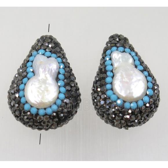 clay teardrop beads paved rhinestone with pearl