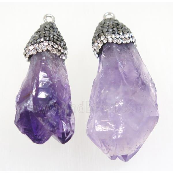 purple Amethyst nugget pendant paved rhinestone, freeform