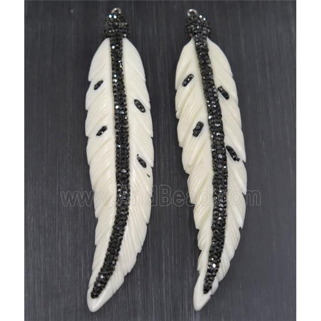 white Bone feather pendant paved rhinestone