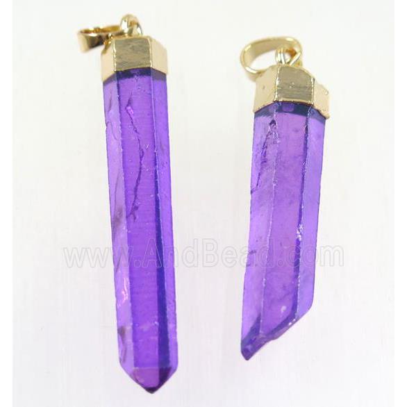 Clear Quartz stick pendant, purple, gold plated