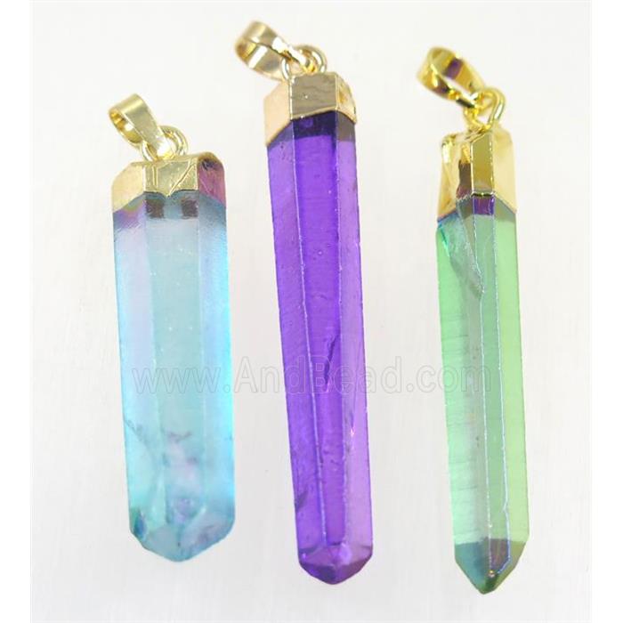 Clear Quartz stick pendant, mix color, gold plated