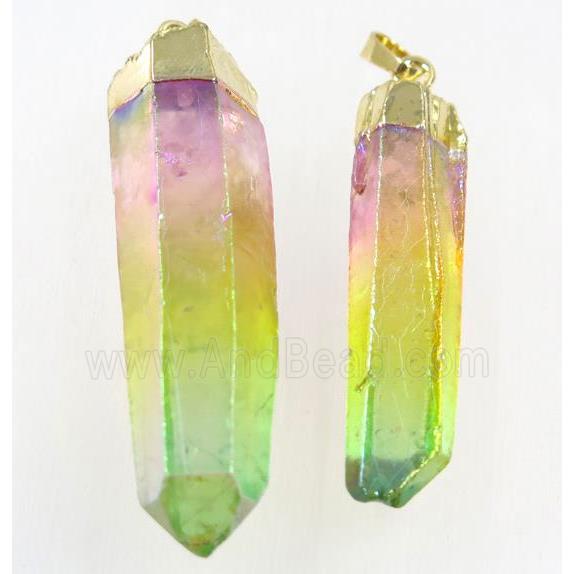 Clear Quartz stick pendant, rainbow, gold plated