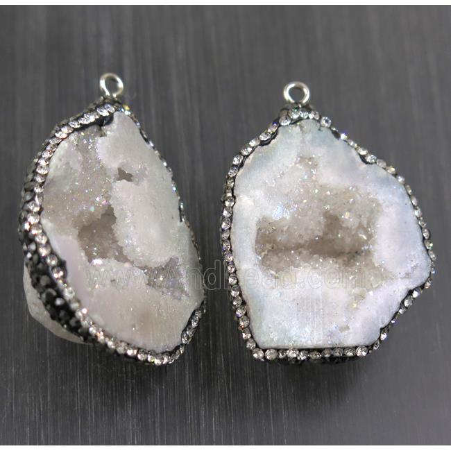 white AB-color Druzy Agate pendant pave rhinestone, freeform
