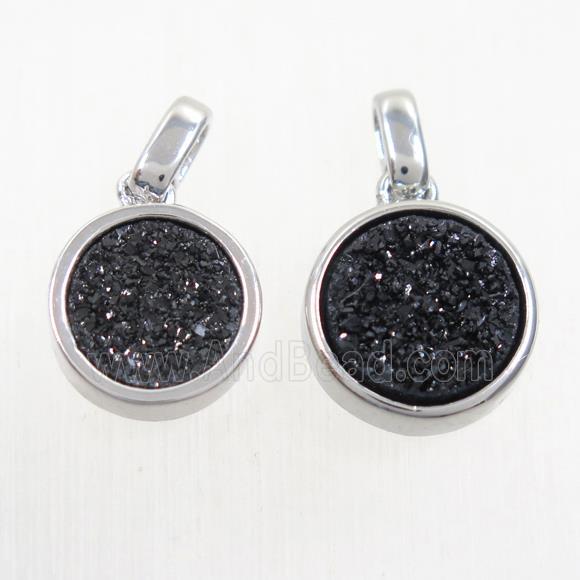 black Druzy Agate pendant, flat round, platinum plated