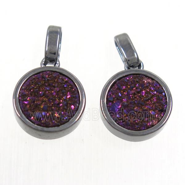 purple Druzy Agate pendant, flat round, black plated