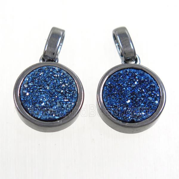 blue Druzy Agate pendant, flat round, black plated