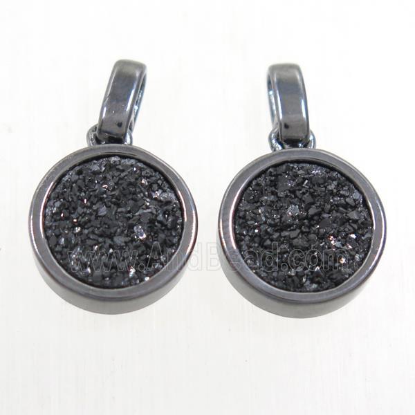 black Druzy Agate pendant, flat round, black plated
