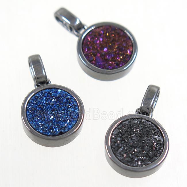 Druzy Agate pendant, mix color, flat round, black plated