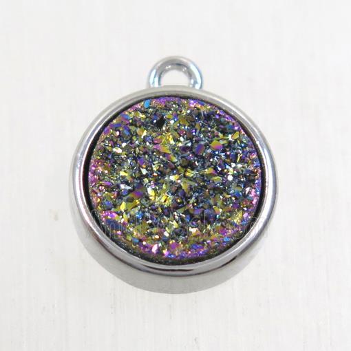 rainbow Druzy Agate pendant, flat round, platinum plated