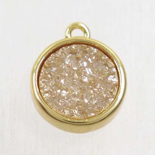golden champagne Druzy Agate pendant, flat round, gold plated
