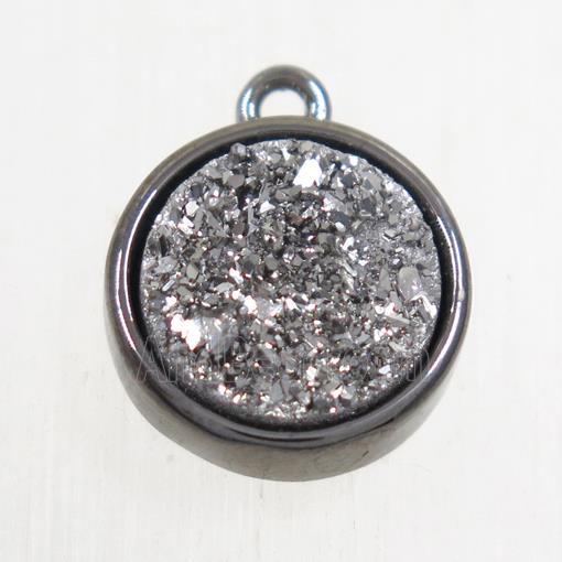 silver Druzy Agate pendant, flat round, black plated