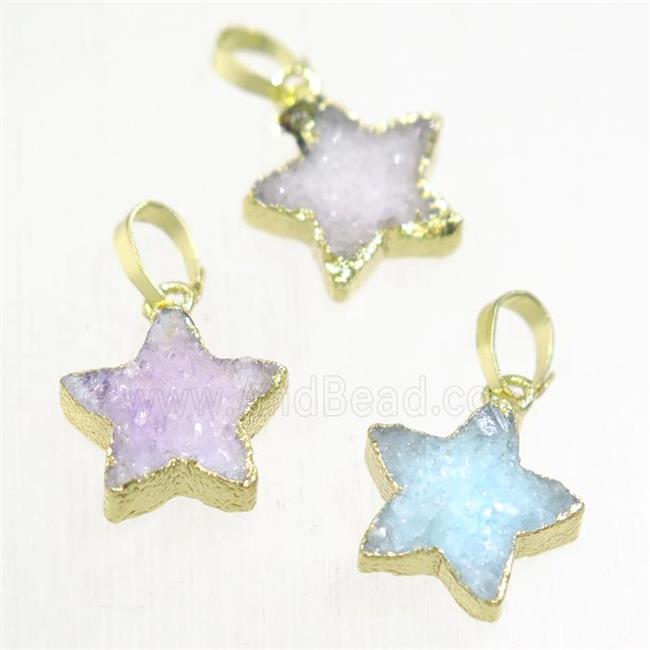 Druzy Quartz star pendant, mix color, gold plated