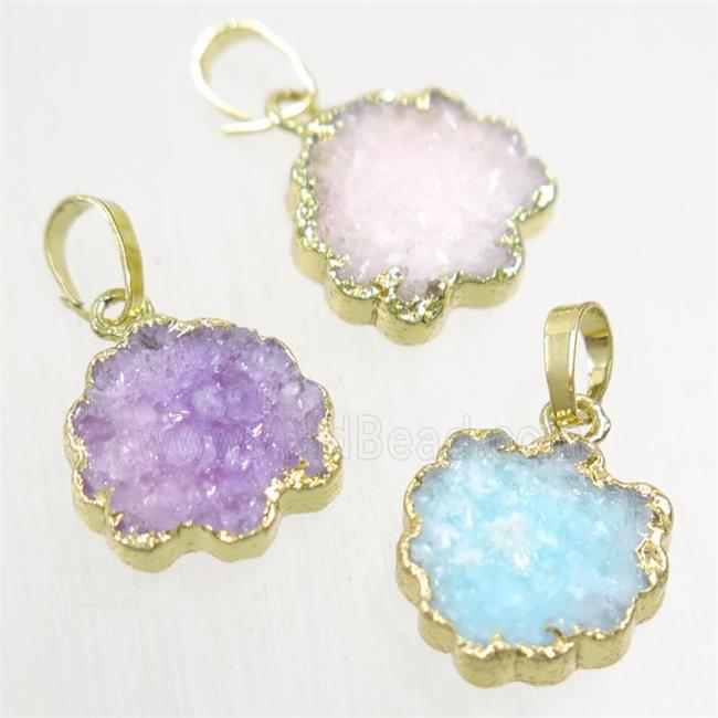 Druzy Quartz strawberry pendant, mix color, gold plated