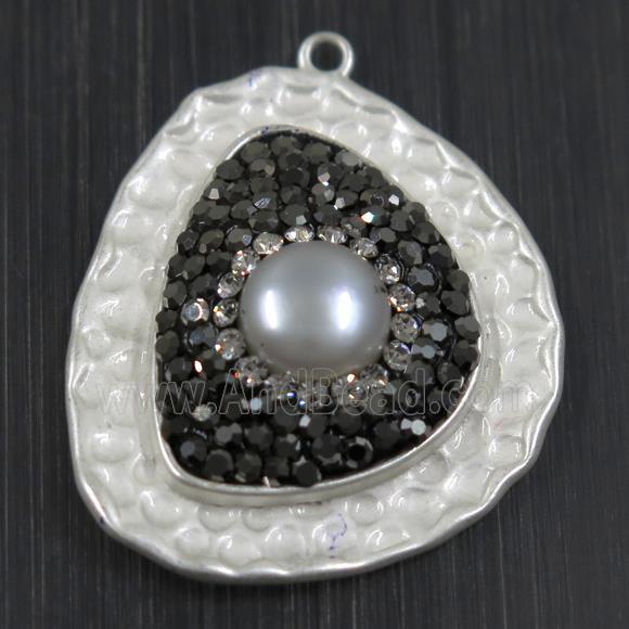 white Pearl pendant pave rhinestone, copper, duck silver plated