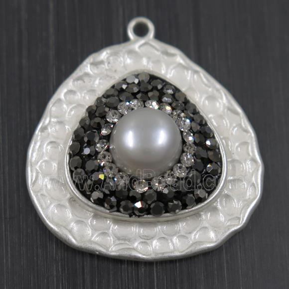 white Pearl pendant pave rhinestone, copper, teardrop, duck silver plated