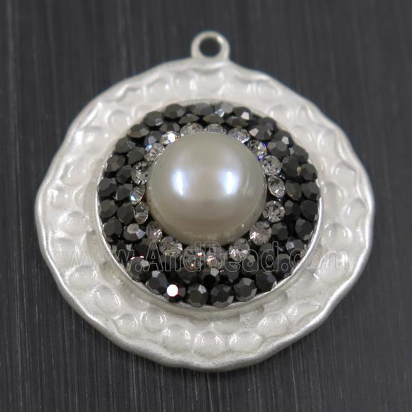 white Pearl pendant pave rhinestone, copper, flat round, duck silver plated