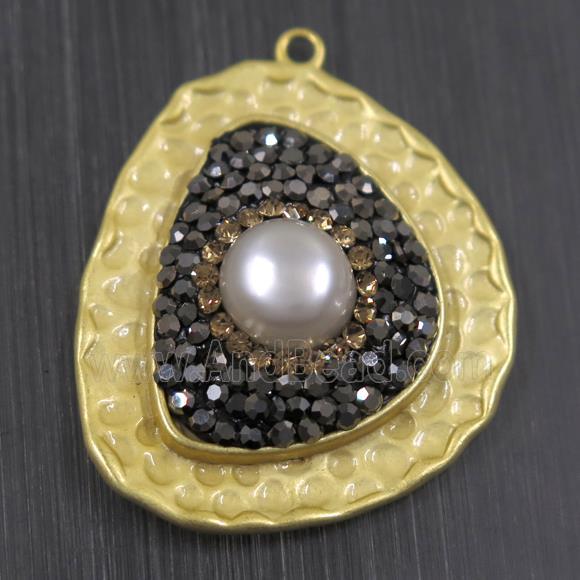 white Pearl pendant pave rhinestone, copper, duck gold plated