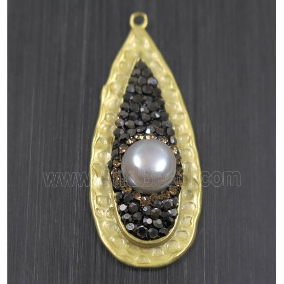 white Pearl pendant pave rhinestone, copper, teardrop, duck silver plated
