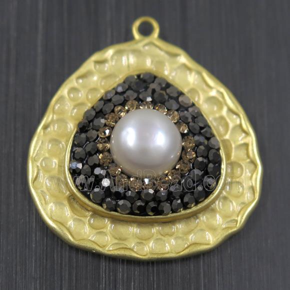 white Pearl pendant pave rhinestone, copper, teardrop, duck silver plated