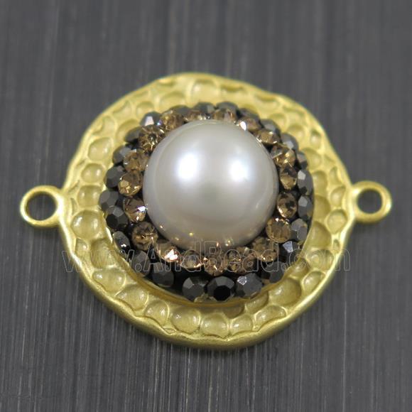 white Pearl connector pave rhinestone, copper, flat round, duck gold plated