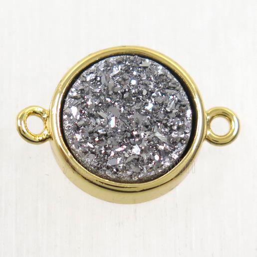 silver Druzy Agate connector, flat round, gold plated