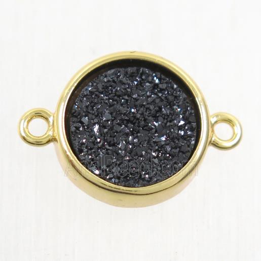 black Druzy Agate connector, flat round, gold plated