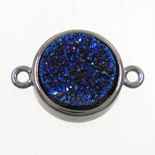 blue Druzy Agate connector, flat round, black plated