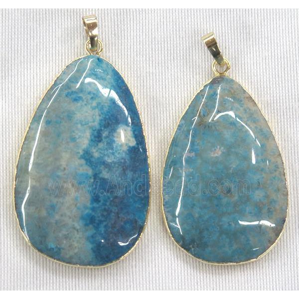 blue Coral Fossil teardrop pendant, dye, gold plated