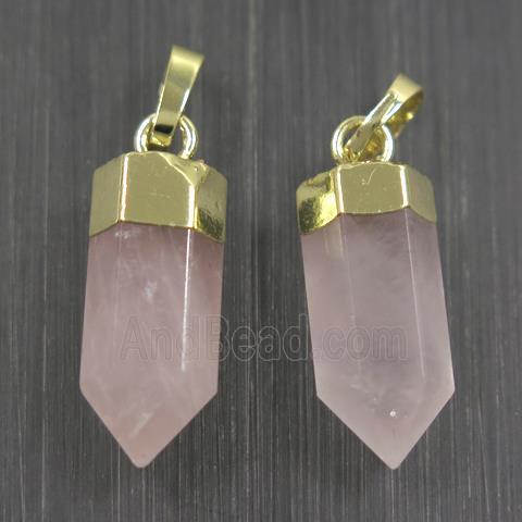 Rose Quartz bullet pendants, pink, gold plated