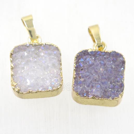 Druzy Agate square pendant, natural AB-color, gold plated