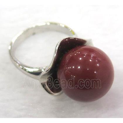 red Pearlized Shell Ring, copper, platinum plated