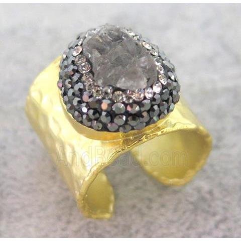 copper ring paved rhinestone, druzy quartz