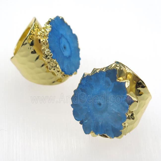 blue Solar Quartz Druzy Ring, copper, gold plated