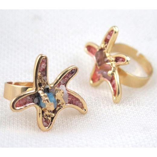 Fluorite ring, starfish, copper, gold plated