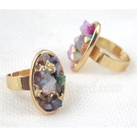 Fluorite ring, oval, copper, gold plated