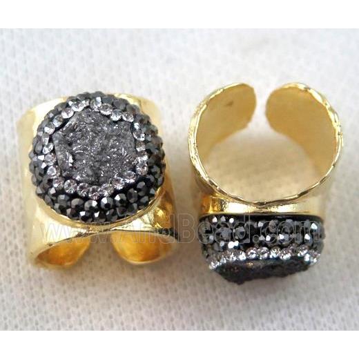 silver agate druzy Ring pave rhinestone, copper, gold plated