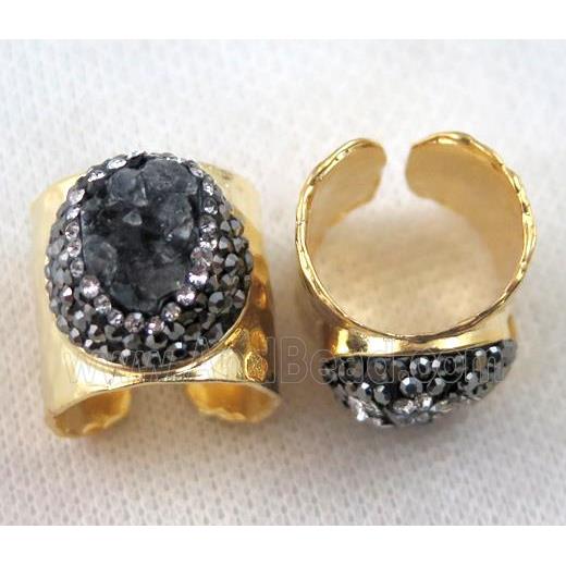 black agate druzy Ring pave rhinestone, copper, gold plated