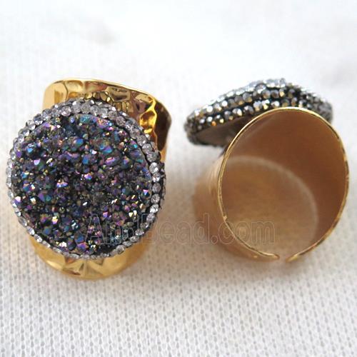 rainbow Agate druzy Ring paved rhinestone, copper, gold plated