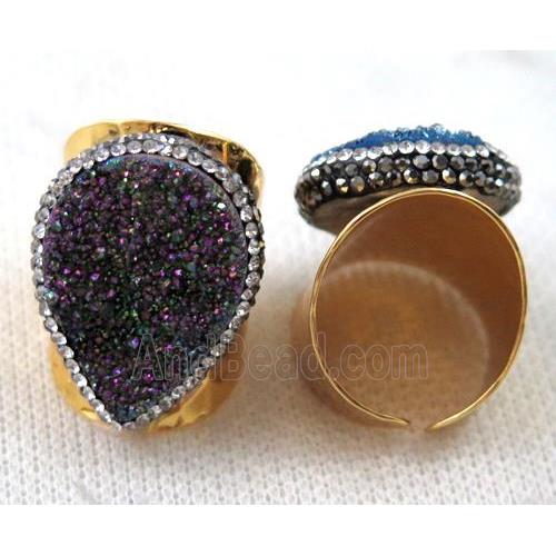 purple Agate druzy Ring paved rhinestone, copper, gold plated