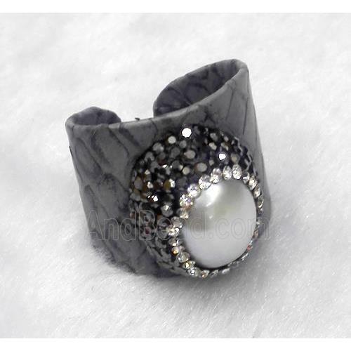 white freshwater pearl pave rhinestone, gray snakeskin alloy ring