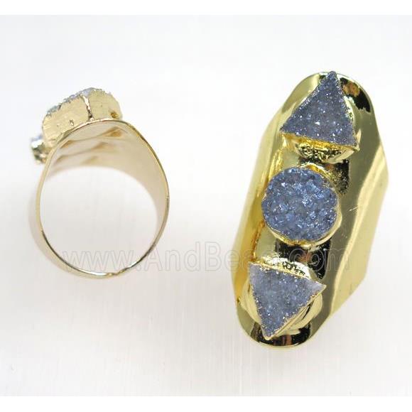 bluegray druzy quartz ring, gold plated