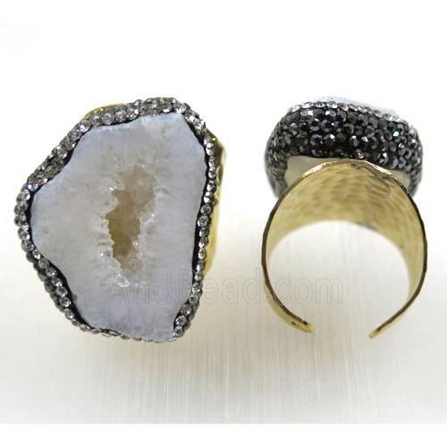 white druzy agate ring paved rhinestone, gold plated