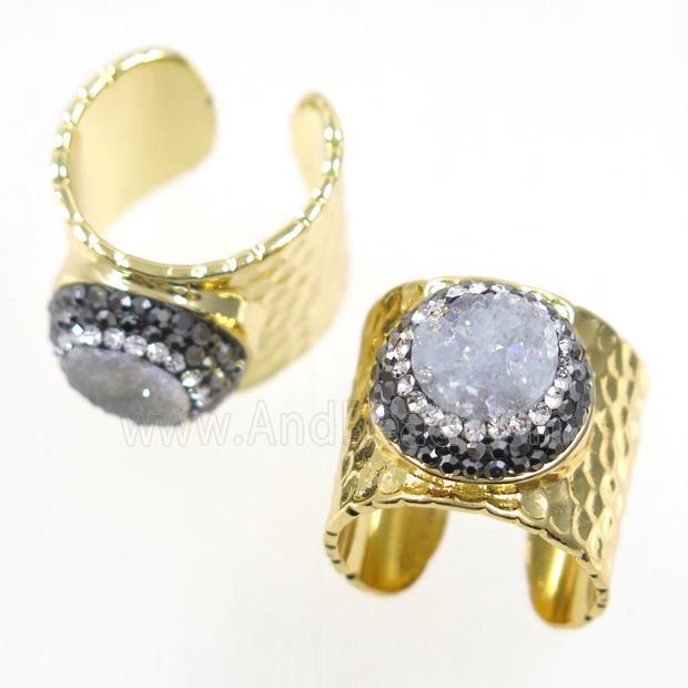 white Druzy Quartz Copper Ring pave rhinestone, gold plated