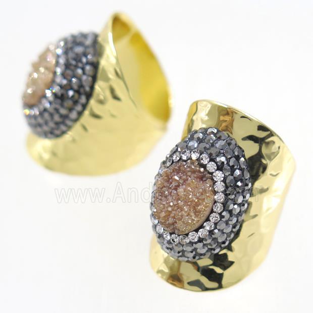 champagne Druzy Quartz Copper Ring pave rhineston, gold plated