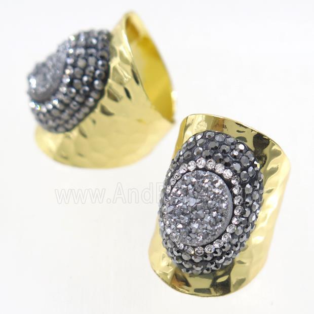 silver Druzy Quartz Copper Ring pave rhineston, gold plated