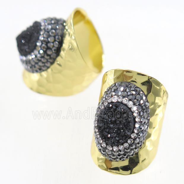 black Druzy Quartz Copper Ring pave rhineston, gold plated