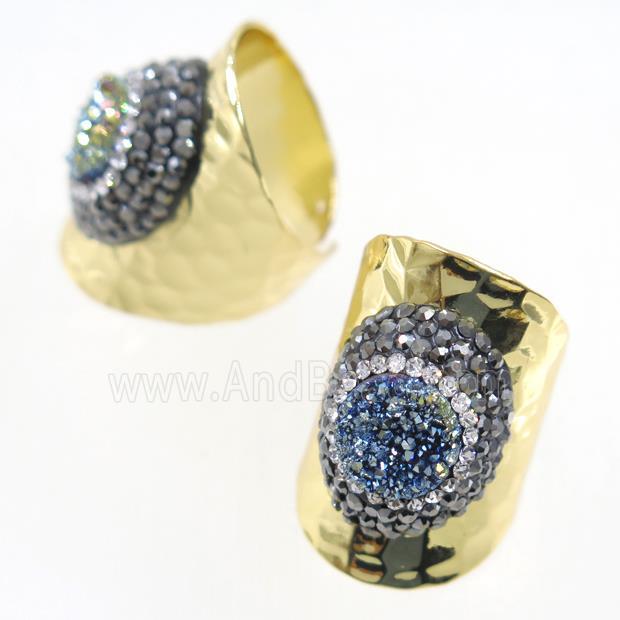 green Druzy Quartz Copper Ring pave rhineston, gold plated