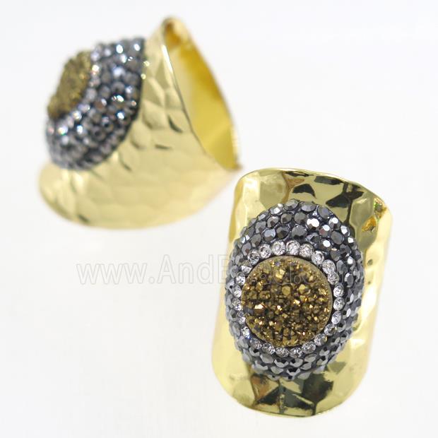 golden Druzy Quartz Copper Ring pave rhineston, gold plated