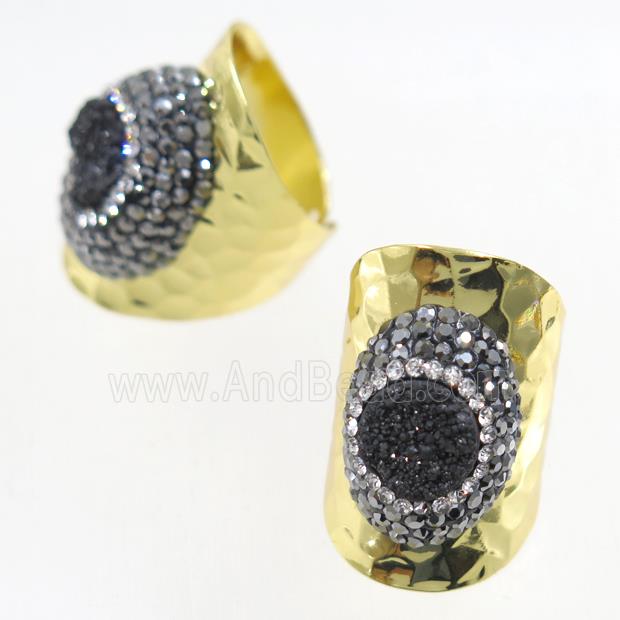 black Druzy Quartz Copper Ring pave rhineston, gold plated