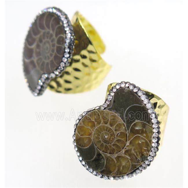 Ammonite Fossil copper Ring paved rhinestone, gold plated